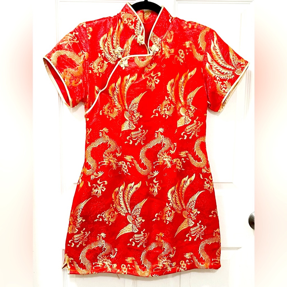 Traditional Short Chinese Cheongsam w/ Dragons, Koi, Feng Shui Coins & Phoenix